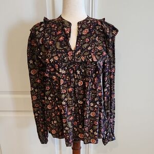 NWT Frye Black Floral Long Balloon Sleeve Ruffle Top Small